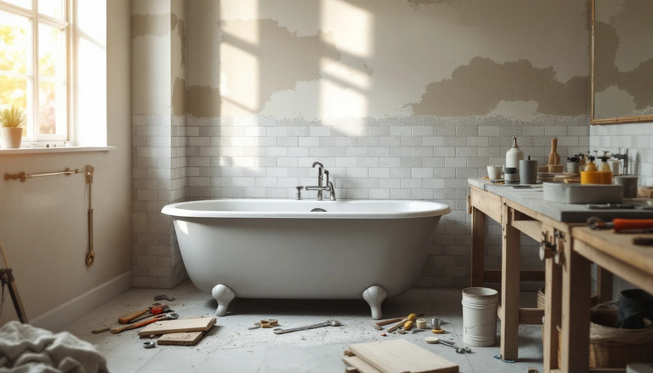 A half-finished bathroom renovation mid-installation in a British home