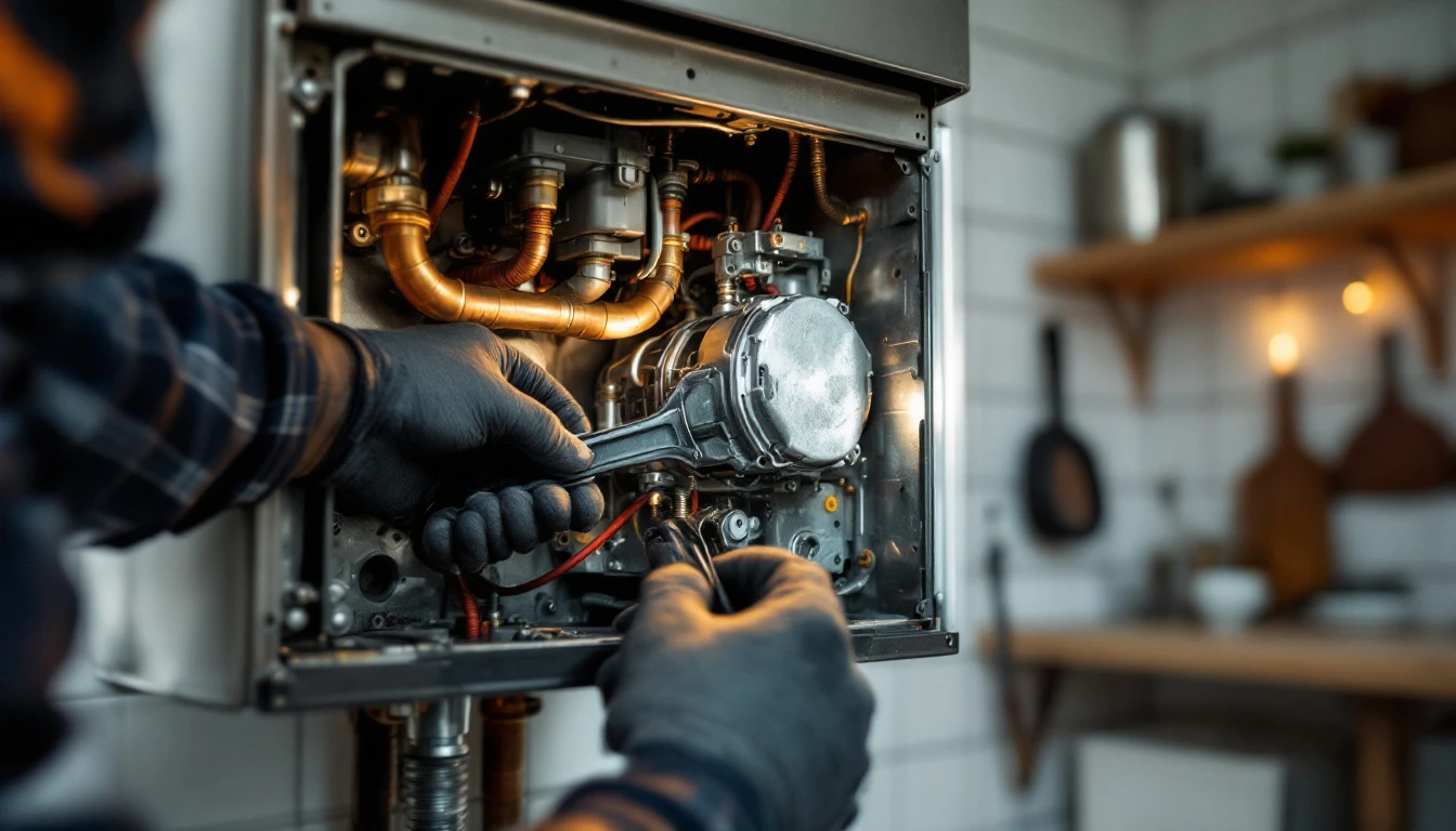 A heating engineer's hands working inside an open boiler casing with a spanner on a specific component