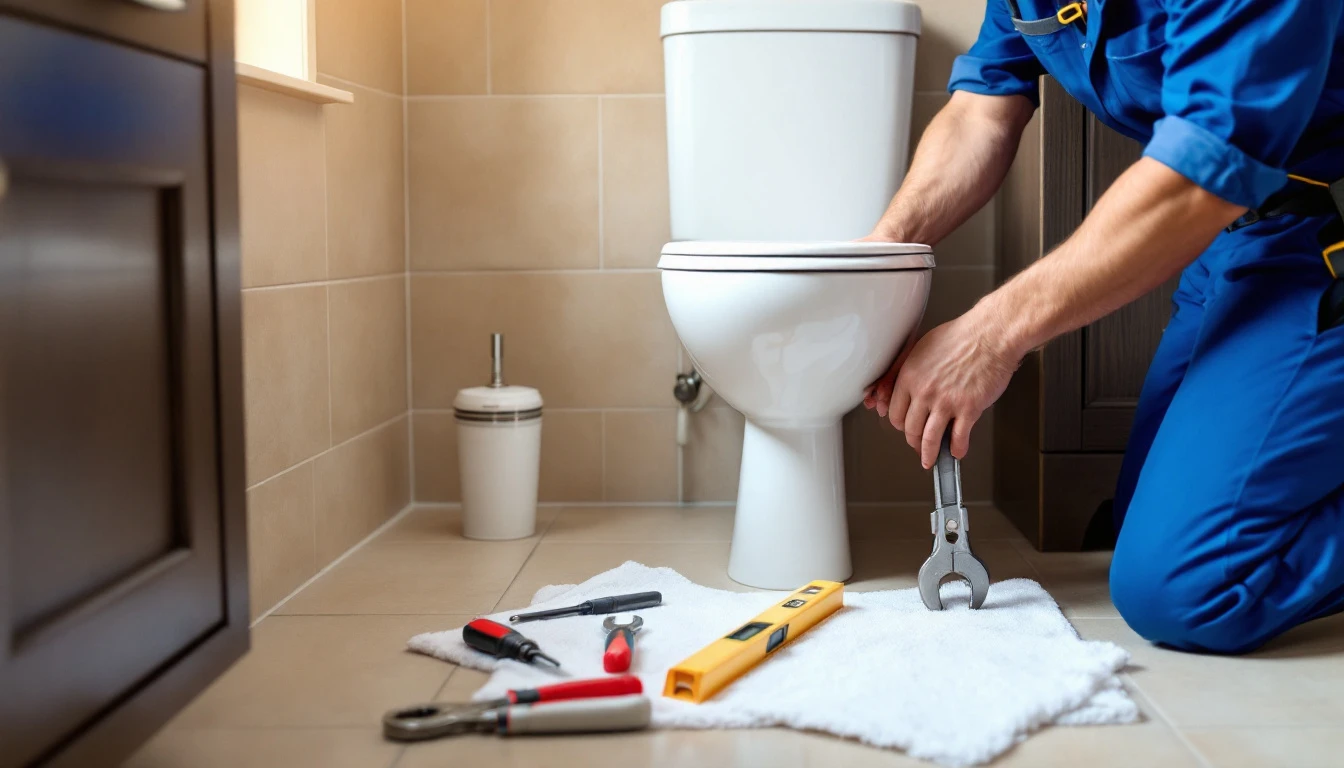 A plumber fitting a new white toilet in a British bathroom