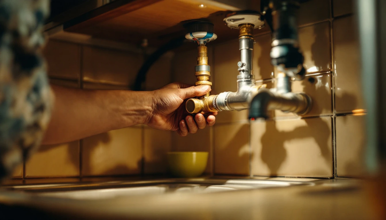 A person's hand turning a brass stopcock valve under a kitchen sink cabinet in a British home