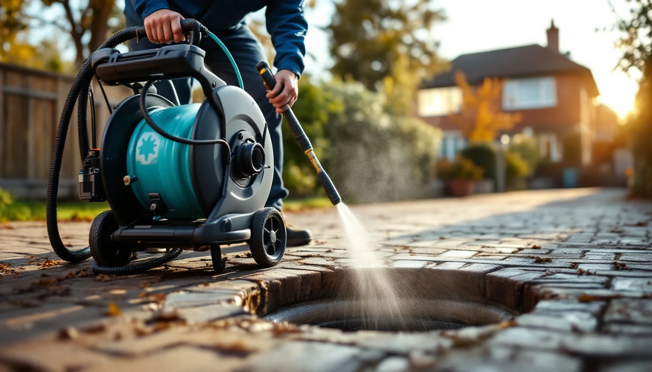 A plumber operating a compact high-pressure drain jetting hose reel machine at the edge of a driveway