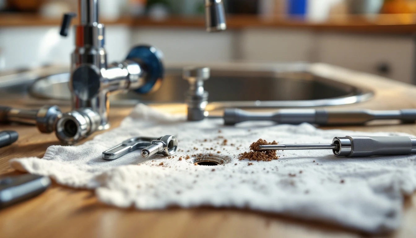 A close-up shot of a plumber's drain rod equipment and a small container of removed debris beside a kitchen sink drain trap