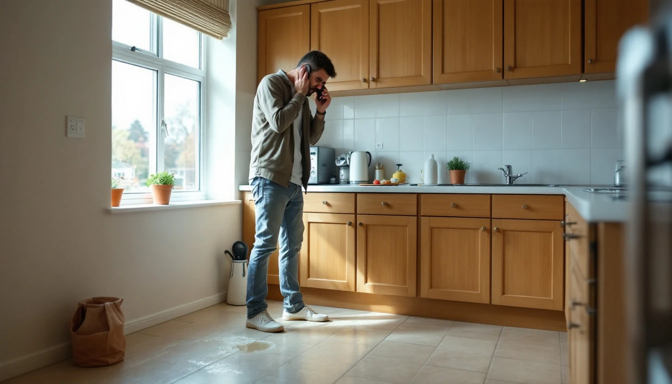 A worried homeowner on the phone standing in a British kitchen