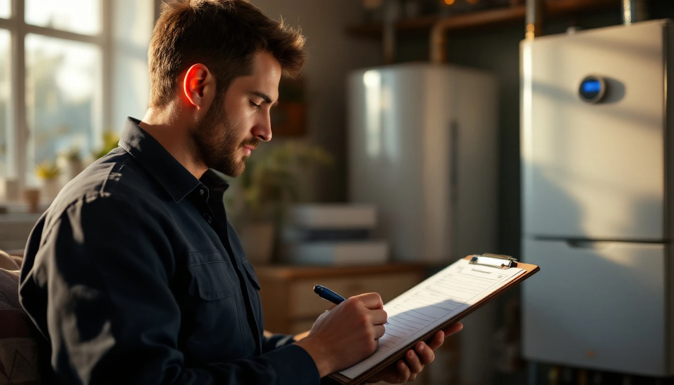 A Gas Safe registered engineer filling out a paper safety certificate form on a clipboard next to a domestic gas boiler in a British rental flat