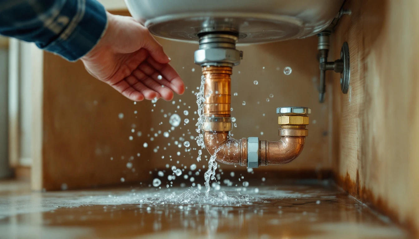 A close-up of water spraying from a small crack in a copper pipe under a kitchen sink in a British home
