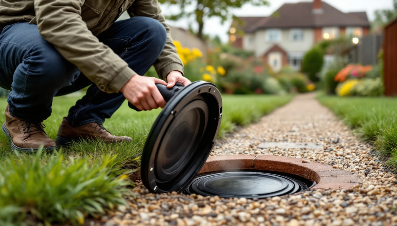 An outdoor drain inspection cover being lifted at the edge of a British garden path